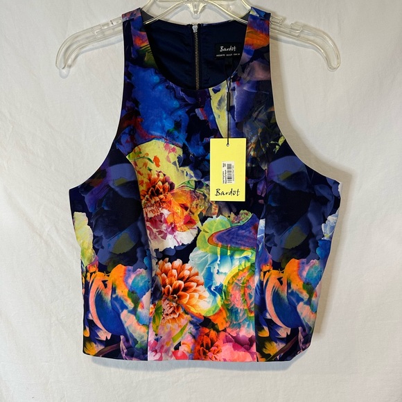 Bardot Sleeveless Crop Zip-Back Tank Blouse, Bright Floral | Sz SM - Picture 1 of 6